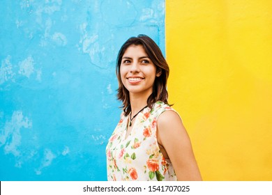 Portrait of Mexican latin woman, young happy girl in Mexico Hispanic Female