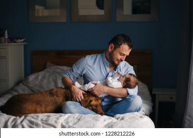 Portrait of middle age Caucasian father with newborn baby. Dog pet laying on bed. Man parent holding child in hands. Authentic lifestyle documenatry moment. Single dad family life. 