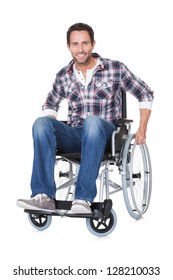 Portrait of middle age man in wheelchair. Isolated on white