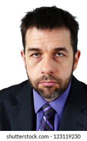 Portrait Of Middle Aged Caucasian Man With Beard, Looking Sad Or Angry, Could Be Disgruntled Employee Or Depressed, Stressed Or Overworked Boss.