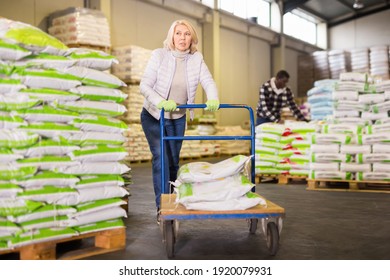 Portrait of middle aged diligent positive cheerful smiling woman working in warehouse, pushing handtruck with bags - Powered by Shutterstock