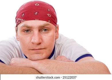 Portrait Of Middle-aged Man Wearing Pirate Headscarf Isolated