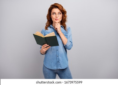 Portrait Of Minded Interested Woman Read Paper Book Think Thoughts Imagine Plot Story Look Copyspace Wear Style Stylish Trendy Outfit Isolated Over Grey Color Background