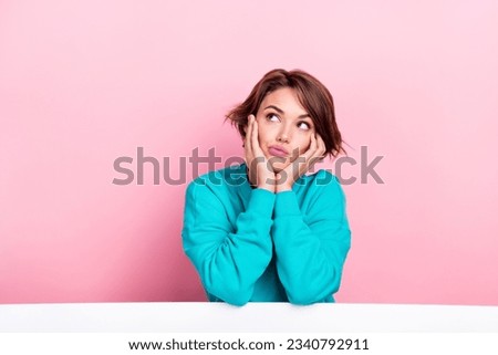 Portrait of minded lovely lady wear stylish clothes looking empty space hmm dilemma isolated on pink color background