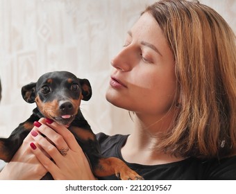 Portrait Of A Miniature Pinscher With A Young Mistress. Lifestyle.