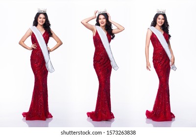 Portrait of Miss Asian Pageant Beauty Contest in Red sequin Evening Ball Gown long dress with light Diamond Crown and sash, studio lighting white background, collage group pack of full length body - Shutterstock ID 1573263838