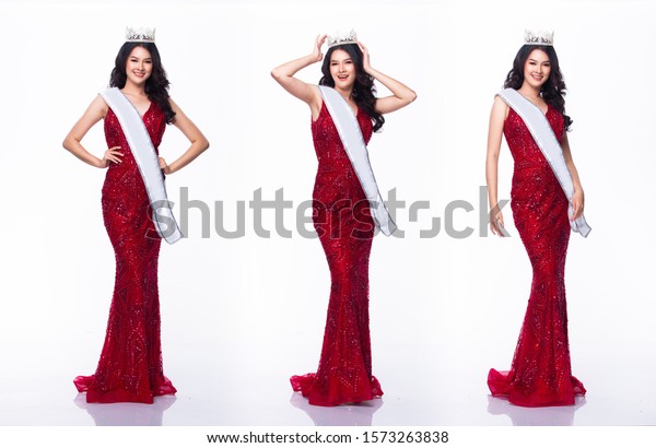 Portrait of Miss Asian Pageant Beauty Contest in Red\
sequin Evening Ball Gown long dress with light Diamond Crown and\
sash, studio lighting white background, collage group pack of full\
length body