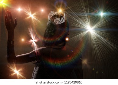 Portrait Of Miss Pageant Beauty Contest In Open Back Evening Fur Gown Dress Sparkle Light Diamond Crown, Asian Woman Fashion Make Up Black Hair Style, Spotlight Stage Spot Winner Turn Back Side View