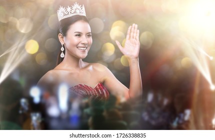 Portrait Of Miss Pageant Beauty Contest With Diamond Crown. Dream Of All Woman Want To Be Most Beautiful Girl In Universe. Abstract Illusion Background Of Blurred And Bokeh