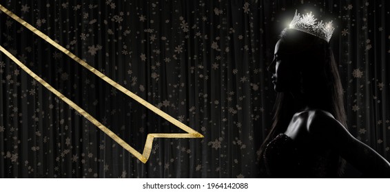 Portrait of Miss Pageant Beauty Contest in sequin Evening Ball Gown long dress with sparkle light Diamond Crown, silhouette unrecognized person over curtain and Sash background - Shutterstock ID 1964142088