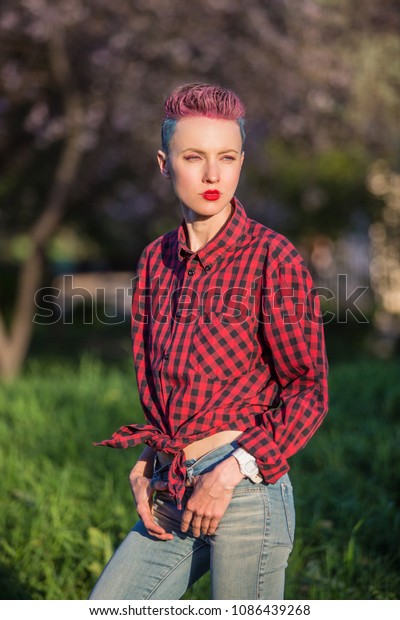 Portrait Modern Girl Bright Pink Blue Stock Photo Edit Now