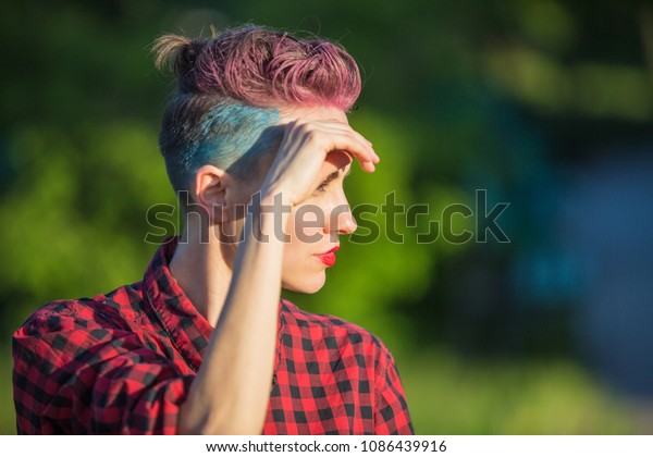 Portrait Modern Girl Bright Pink Blue Stock Photo Edit Now