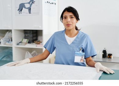 Portrait Of Modern Hispanic Woman Working In Vet Clinic Standing In Exam Room Looking At Camera