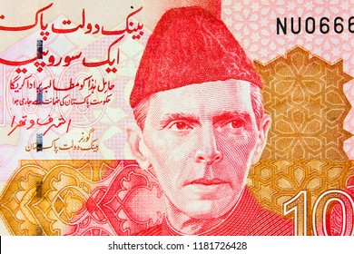 Portrait Of Mohammad Ali Jinnah On  Banknote Pakistani Rupees, Close-up.