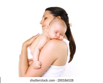 Portrait Of Mom And Sleeping Baby On The Shoulder On A White Background