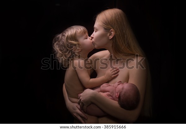 Nudist Mom - Portrait Mother Babies Nude On Black | People, Stock Image