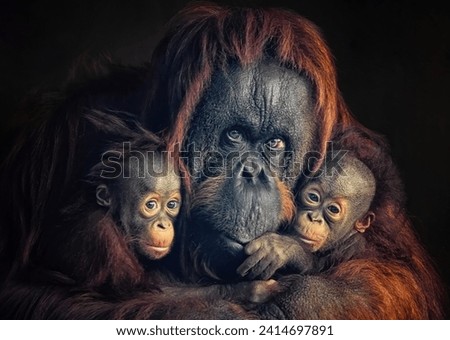 A portrait of a mother Bornean Orangutan with her babies