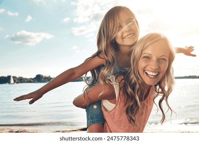 Portrait, mother and child on beach with piggyback, smile and playing on adventure holiday in Australia. Travel, mom and girl with summer fun, happy and bonding together with airplane games outdoor. - Powered by Shutterstock