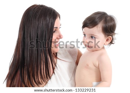Portrait of a mother and her baby isolated on a white background