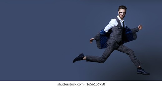Portrait of a motivated businessman flying to victory. Business success concept. Copy space.