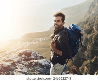 Portrait, mountains and hiking with man, smile and journey with nature, sunshine and getaway trip. Hobby, person and hiker with backpack, adventure and environment with happiness, holiday and fitness - Powered by Shutterstock