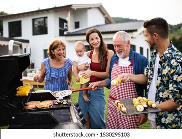 Portrait of multigeneration family outdoors on garden barbecue, grilling.