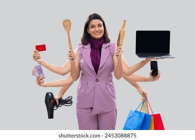 Portrait of a multitasking woman housewife with multiple hands holding various objects - Powered by Shutterstock