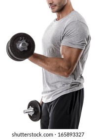 Portrait Of A Muscular Man Lifting Weights, Isolated Over A White Background