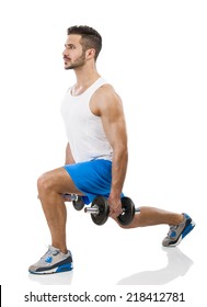 Portrait Of A Muscular Man Lifting Weights, Isolated Over A White Background