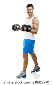 Portrait Of A Muscular Man Lifting Weights, Isolated Over A White Background