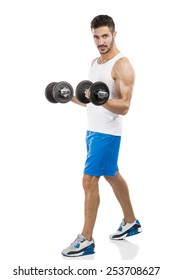 Portrait Of A Muscular Man Lifting Weights, Isolated Over A White Background