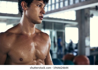 Portrait Of Muscular Topless Man Sweating After Workout Exercise At Fitness. Athletic People Abs And Biceps. Sexy Body From Bodybuilding Of Healthy Sporty Male. Copy Space 