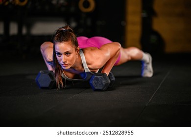 Portrait of a muscular woman in a sportswear doing plank or pushups with dumbbells while training in a fitness gym. Hard working female is enjoying her training process.Copy space. - Powered by Shutterstock