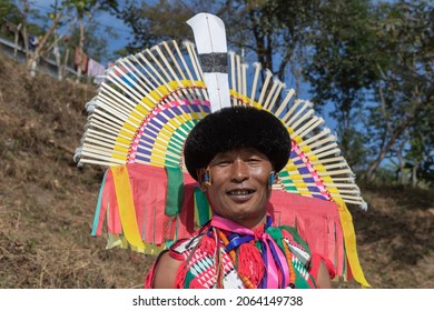 Portrait of a Naga tribesman dressed in traditional attire at Kohima Nagaland India on 4 December 2016
