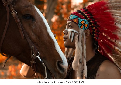 Portrait Of A Native American Indian And Horse Who Used To Live In Mexico And America.