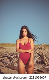 Portrait Of Natural Beauty Young Woman In Retro Swimwear At The Beach On Summer Vacation.