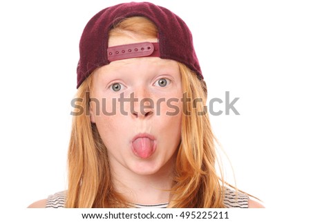 Portrait of a naughty young girl on white background