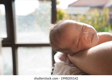 Portrait Of New Born Baby Sun Bathing Under The Morning Sun At Home Next To Window