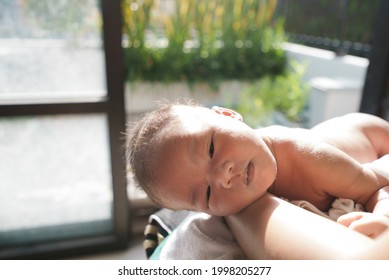 Portrait Of New Born Baby Sun Bathing Under The Morning Sun At Home Next To Window