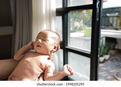 Portrait Of New Born Baby Sun Bathing Under The Morning Sun At Home Next To Window