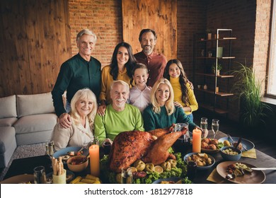 Portrait Of Nice Adorable Careful Cheerful Family Small Little Kids Meeting Enjoying Celebration Tradition Hugging Eating Domestic Turkey At Modern Loft Industrial Brick Interior House