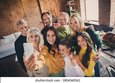 Portrait of nice attractive big full cheerful family brother sister enjoying festal occasion taking sekfie showing v-sign at modern loft industrial brick wooden interior house apartment