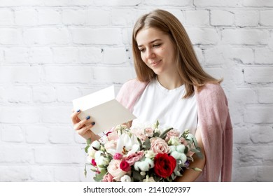 Portrait Of Nice Attractive Lovely Pretty Cheerful Girl Getting Receiving Congrats Card Birthday Greetings Big Bouquet Flowers