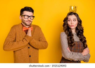 Portrait Of Nice Couple First Meet Unsure Guy Flirting Selfish Girl Wearing Crown Isolated On Bright Yellow Color Background