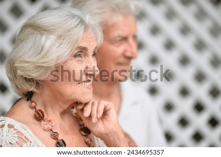 Portrait of nice elderly couple posing in nature in summer