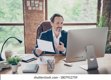 Portrait Of Nice Handsome Cheerful Man Specialist Online Appointment Planning Project Start-up Insurance Sales Global Organization At Modern Loft Brick Industrial Workplace Workstation