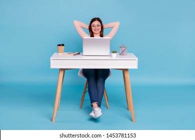 Portrait of nice lovely attractive cheerful cheery girl sitting in chair daily everyday task hr manager human resources at work place station isolated over bright vivid shine blue green background - Shutterstock ID 1453781153