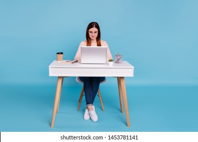 Portrait of nice lovely attractive focused concentrated girl self development preparing annual finance design designer at work place station isolated over bright vivid shine blue background