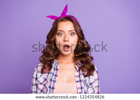 Portrait of nice wondered sweet lovely attractive adorable girlish lady wearing head band isolated over violet pastel background