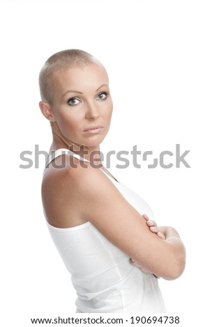 Portrait of nice young girl on white back